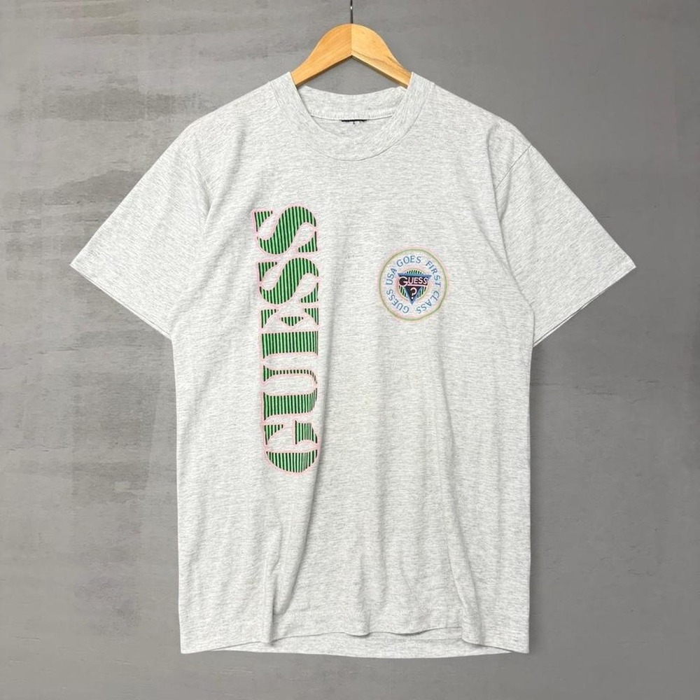 Guess T-Shirt Gray Vintage 90s USA Goes First Class Graphic Large